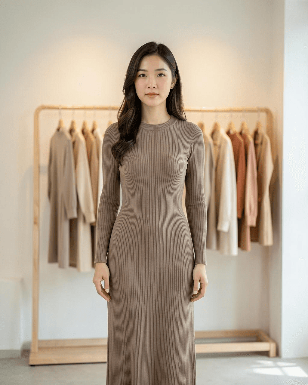Model in a minimal boutique wearing a knit dress