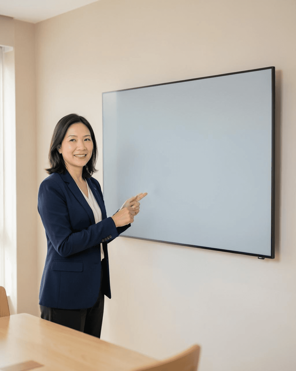 Agent explaining beside a blank screen