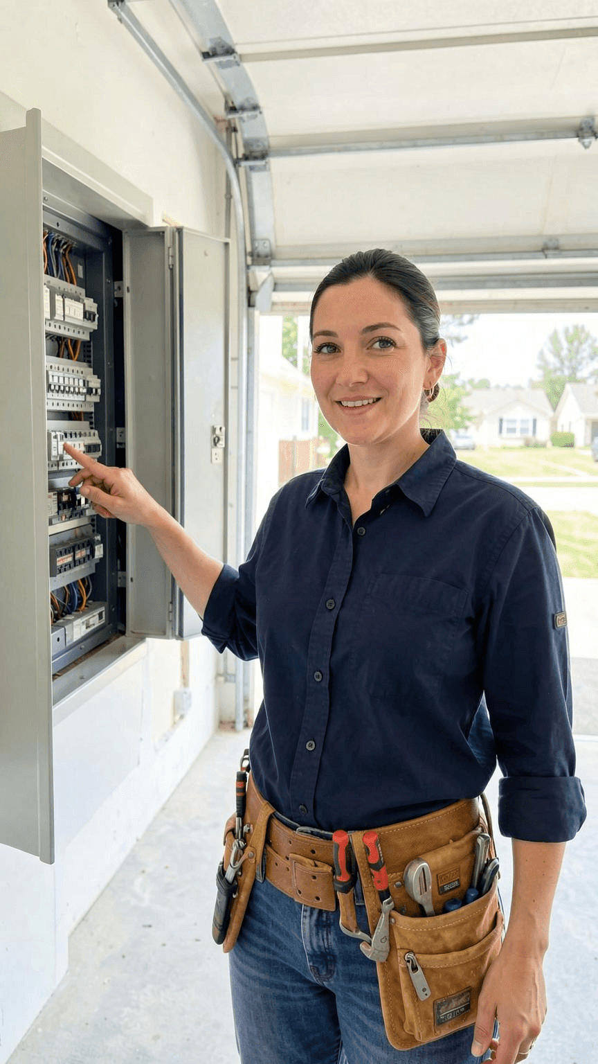 Electrician talking to the camera beside an open breaker panel, filmed on a phone