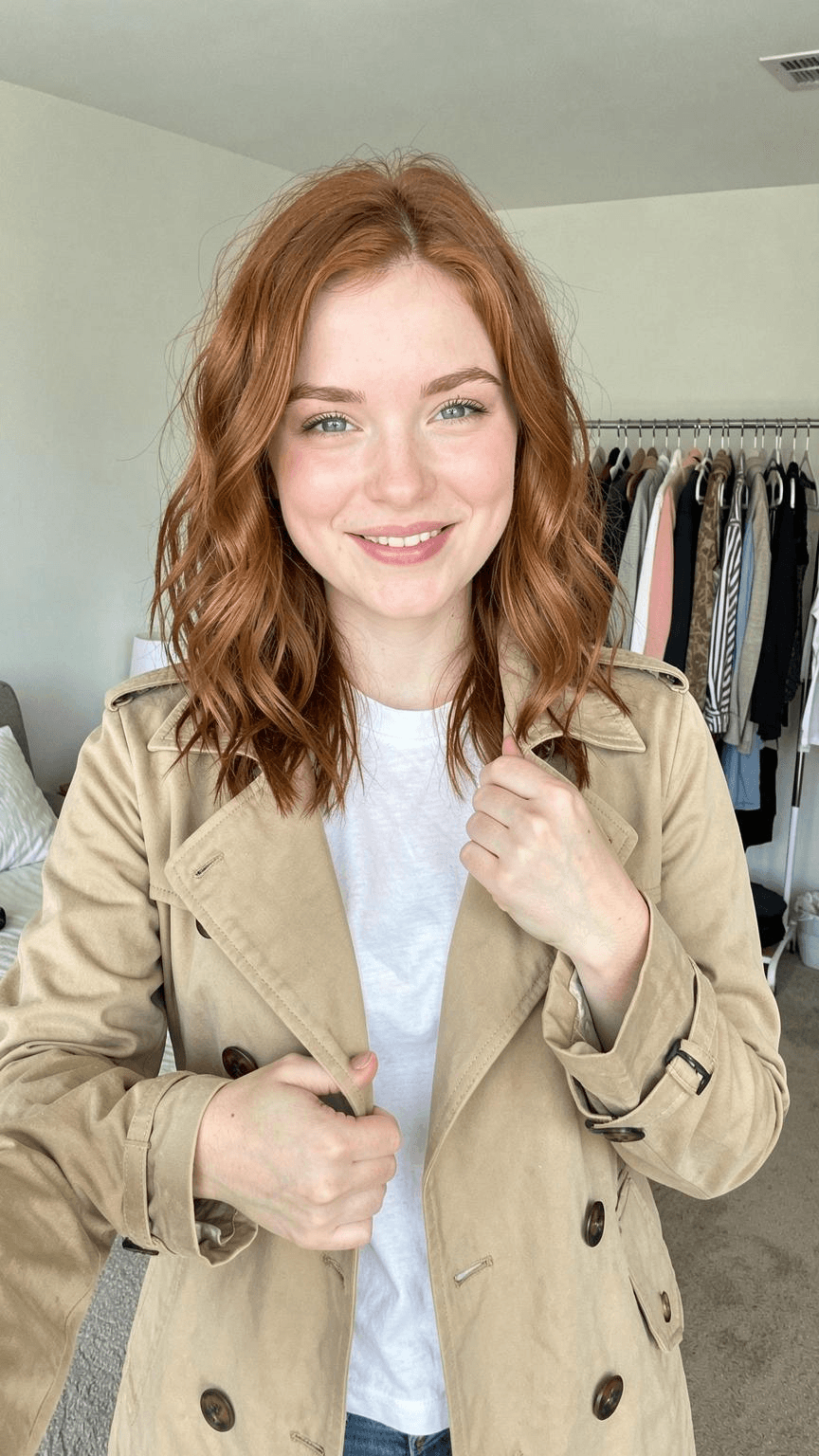 Young woman showing a beige trench coat to the camera in her bright bedroom