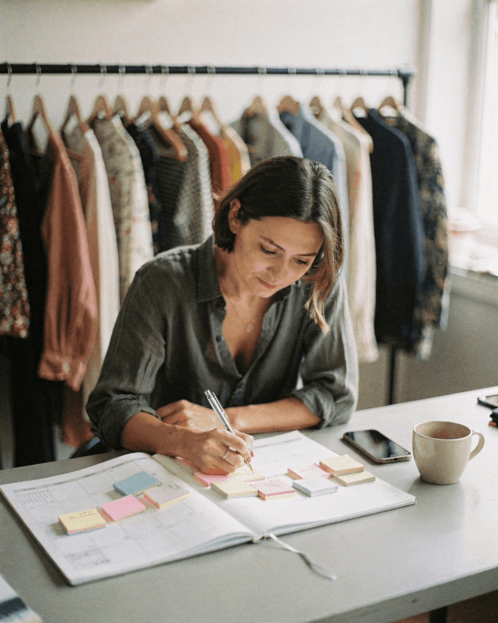 Boutique owner writing post ideas in a paper monthly planner at her shop worktable
