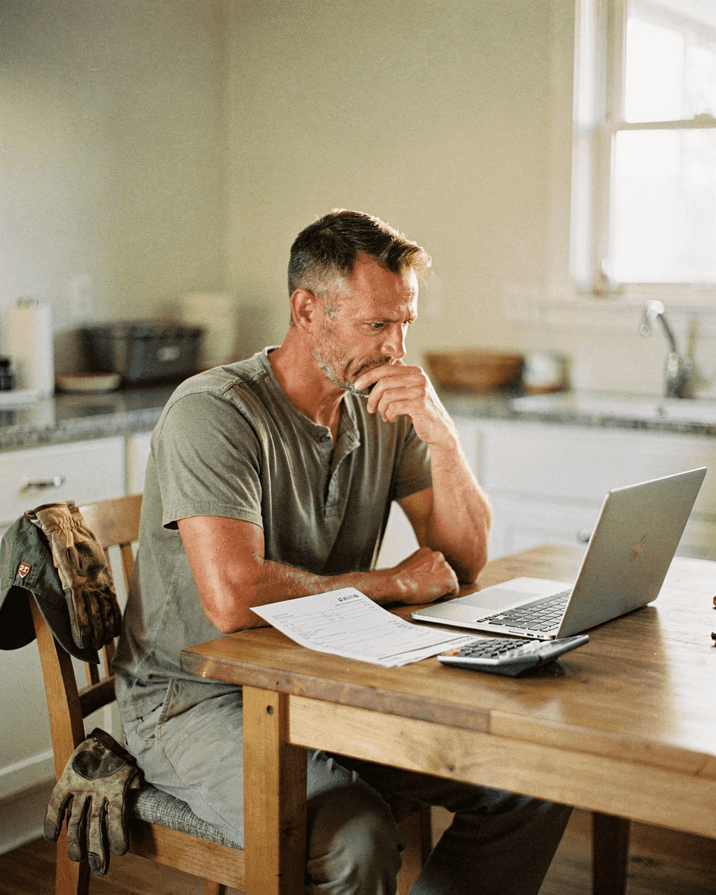Business owner comparing a printed quote and costs on a laptop at his kitchen table