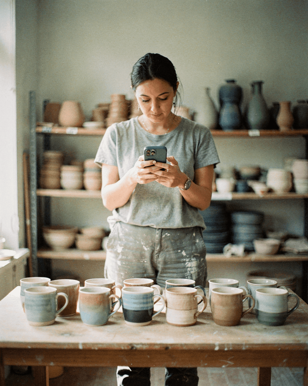 Ceramic artist photographing a row of handmade mugs with her phone in her studio
