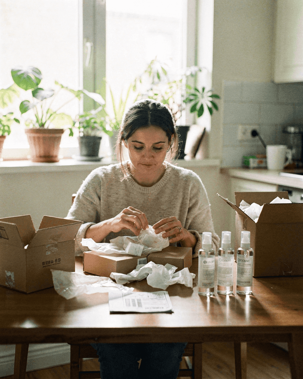 Online seller packing skincare orders into boxes at her kitchen table