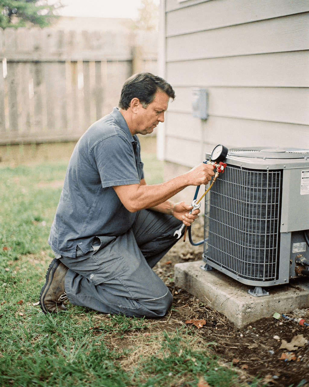 HVAC technician kneeling beside an outdoor condenser unit in a backyard, checking a gauge during a service call