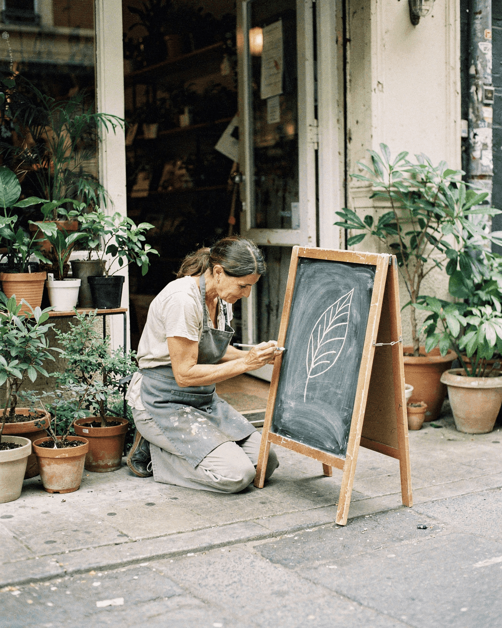 Plant shop owner drawing on a sidewalk chalkboard sign outside her store
