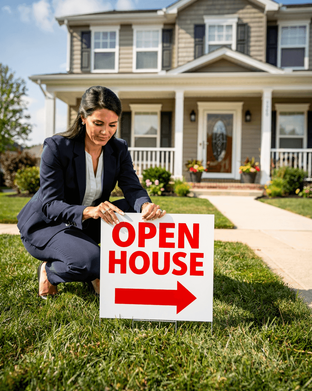Real estate agent placing an OPEN HOUSE yard sign on the front lawn of a suburban home in bright daylight