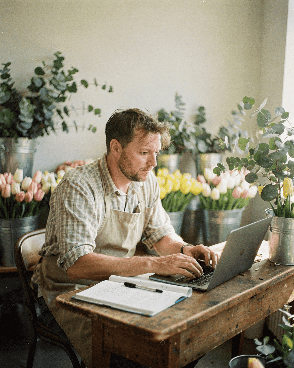 Florist reading numbers on a laptop at his desk, a notebook and flower buckets around him