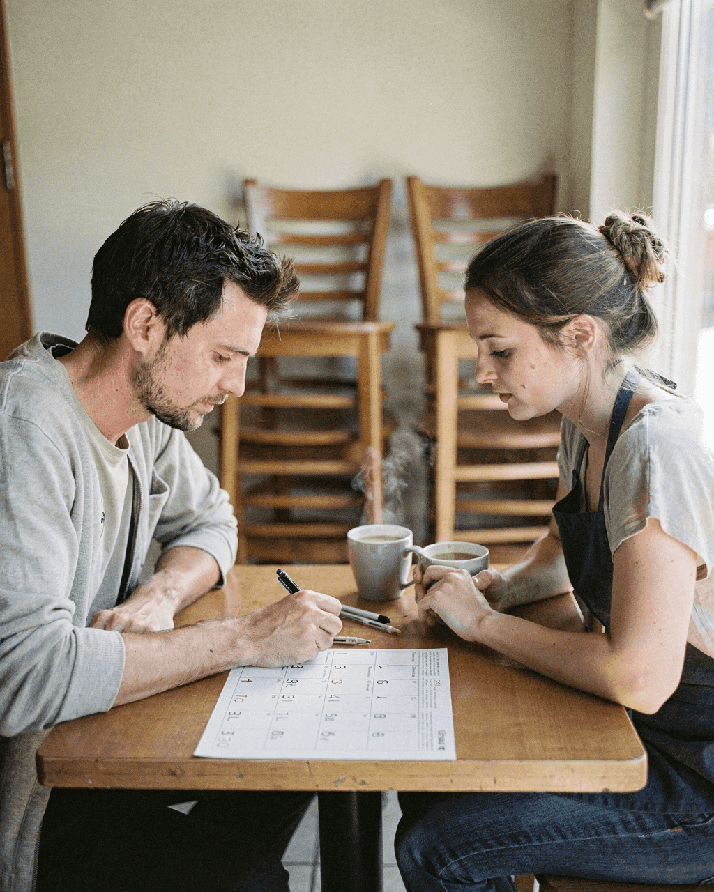 Two cafe owners planning a month of posts on a printed calendar before opening