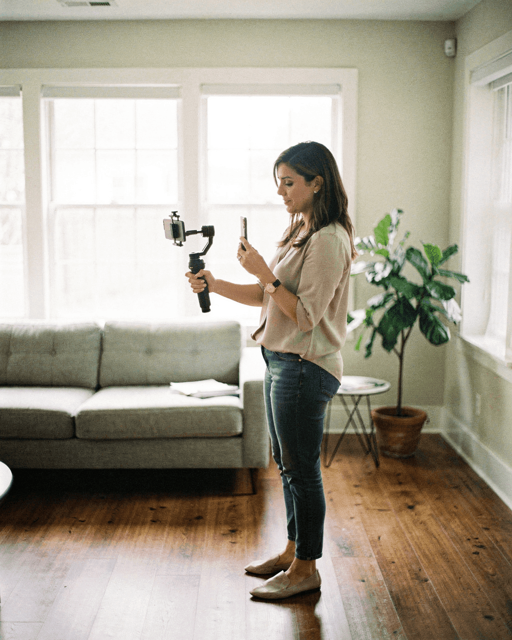 Realtor filming a walkthrough video with her phone in a staged living room