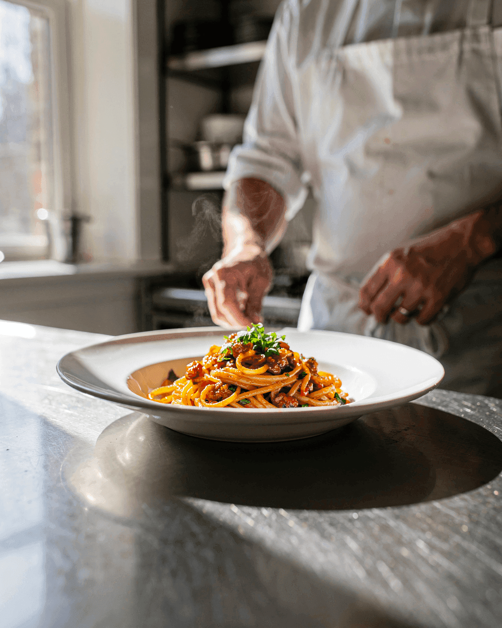 Cook in a white apron finishing a plate of spaghetti on the stainless steel pass of a small restaurant kitchen, daylight from a window
