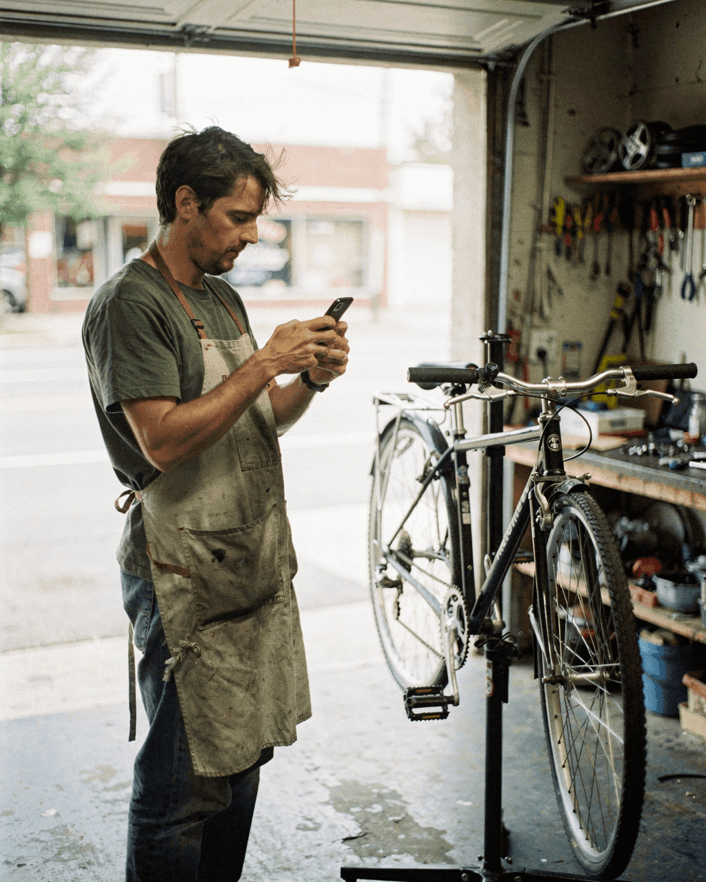 Bike shop owner taking a phone photo of a repaired bicycle in his shop