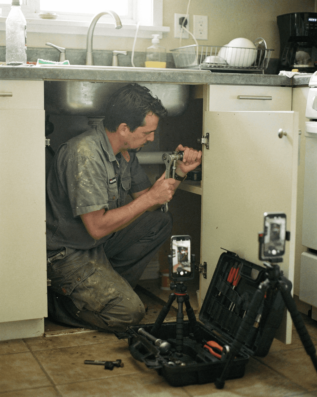 Plumber fixing a pipe under a kitchen sink while a phone on a tripod films the repair