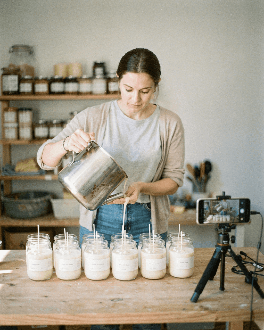 Candle maker filming herself pouring wax into jars with a phone on a tripod
