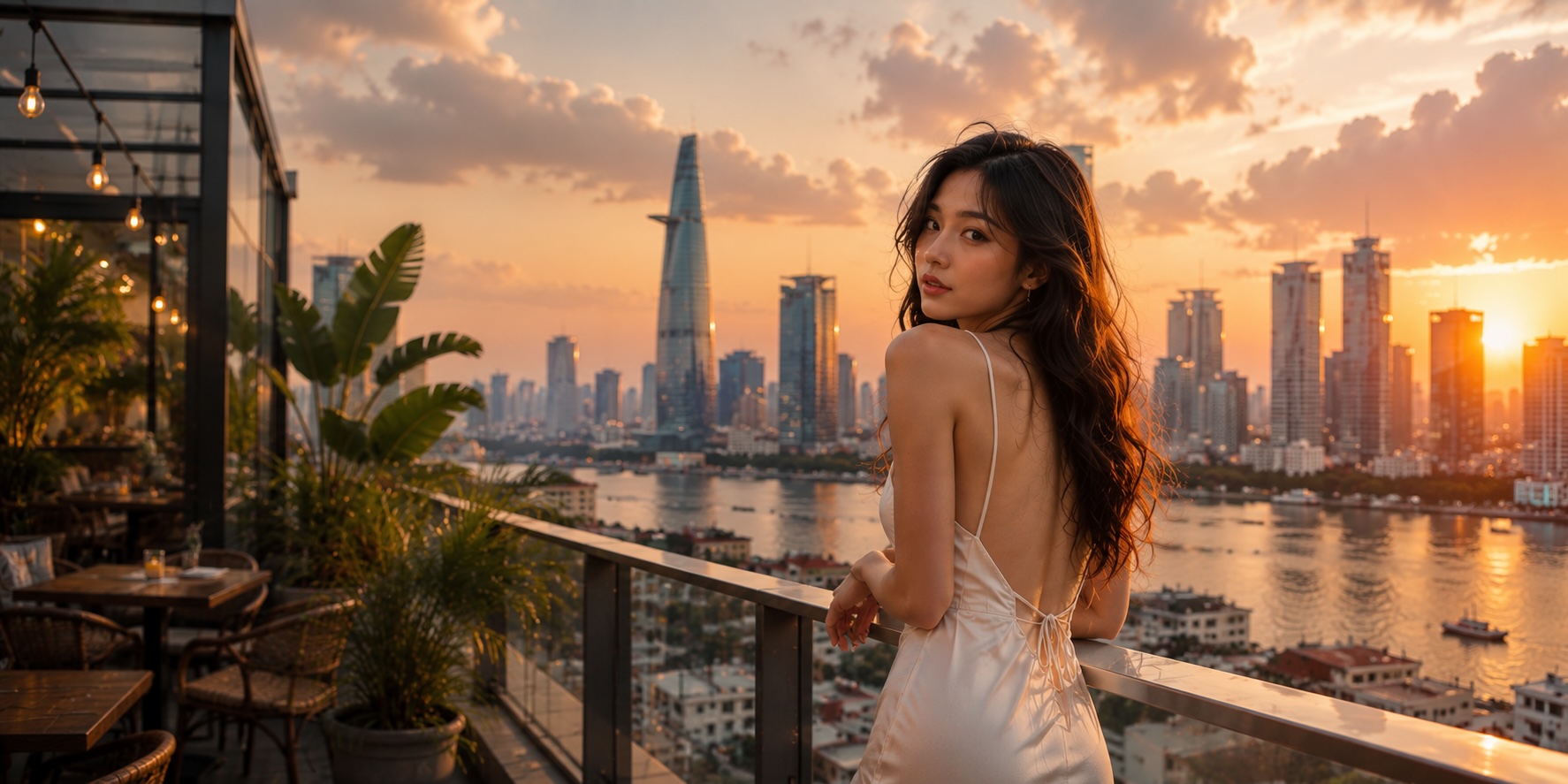 Woman photographed on a Saigon rooftop at sunset